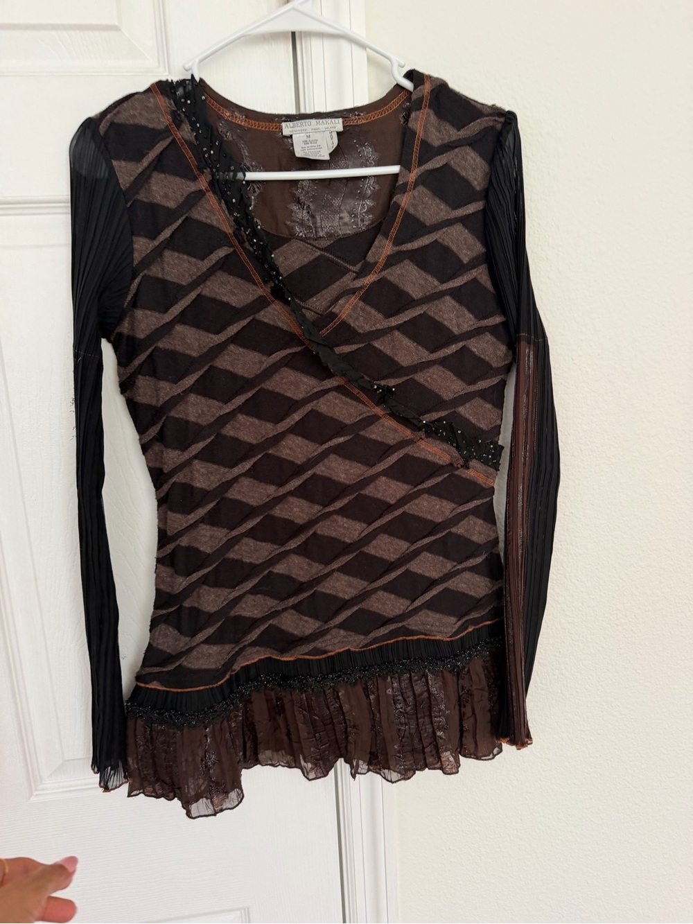 Vintage Y2K Alberto Makali Mesh Ruffle Chevron Knit Top Blouse Size M